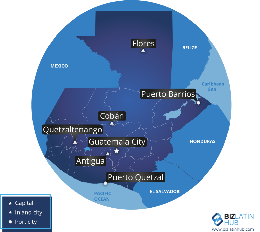 A circular map highlighting key cities in Guatemala. Capitals are marked with stars, including Guatemala City. Port cities like Puerto Quetzal and Puerto Barrios are noted, along with inland cities such as Antigua and Cobán. The map also labels Flores and Quetzaltenango, reflecting financial regulatory compliance in Guatemala.