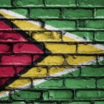 A brick wall painted with the design of the Guyana national flag. The flag features a green field with a red isosceles triangle at the hoist side, bordered by a narrow white stripe and a wider yellow stripe edged in black.