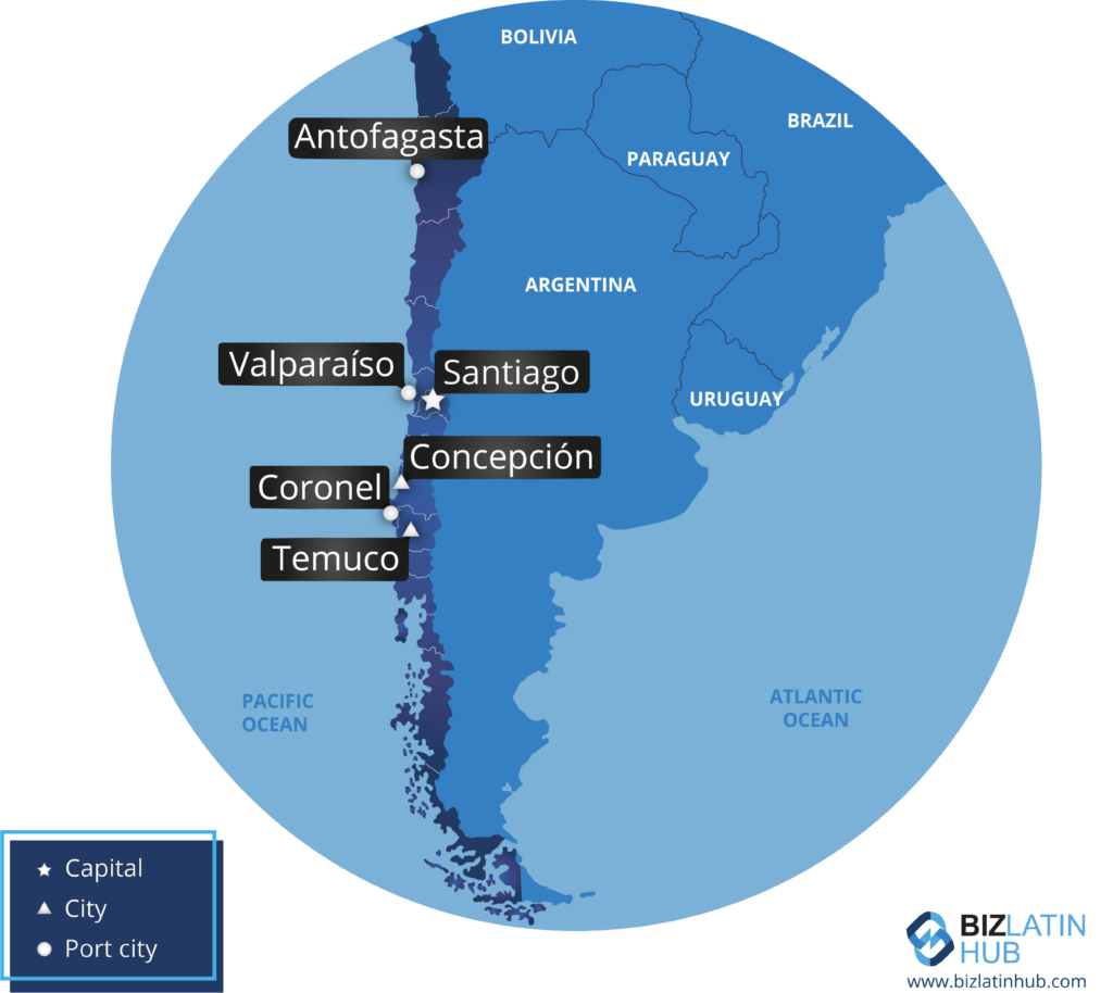 This image is a map highlighting various cities in Chile and neighboring countries. Chilean cities marked include Antofagasta, Valparaíso, Santiago, Coronel, Concepción, and Temuco. Capital cities, cities, and port cities are denoted by different symbols. Key regions for employment law in Chile are also indicated.