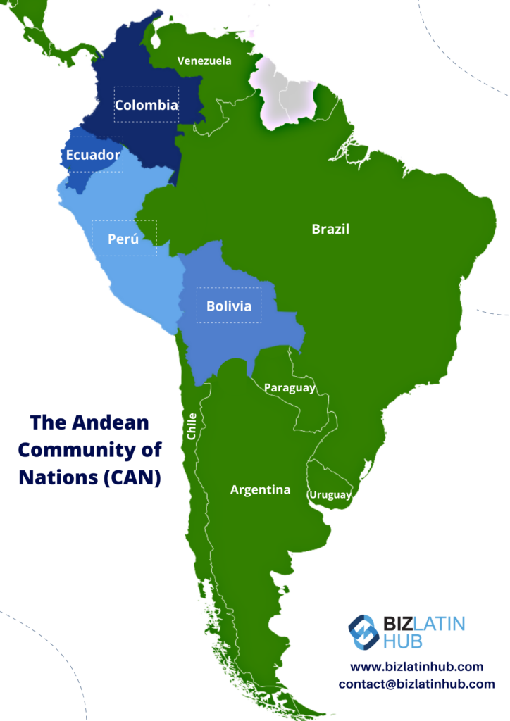 Map of South America highlighting the member countries of the Andean Community of Nations (CAN) in shades of blue. Countries include Colombia, Ecuador, Peru, and Bolivia. The rest of South America is marked in green. BizLatin Hub logo and Andean Community trademark database contact details at the bottom.