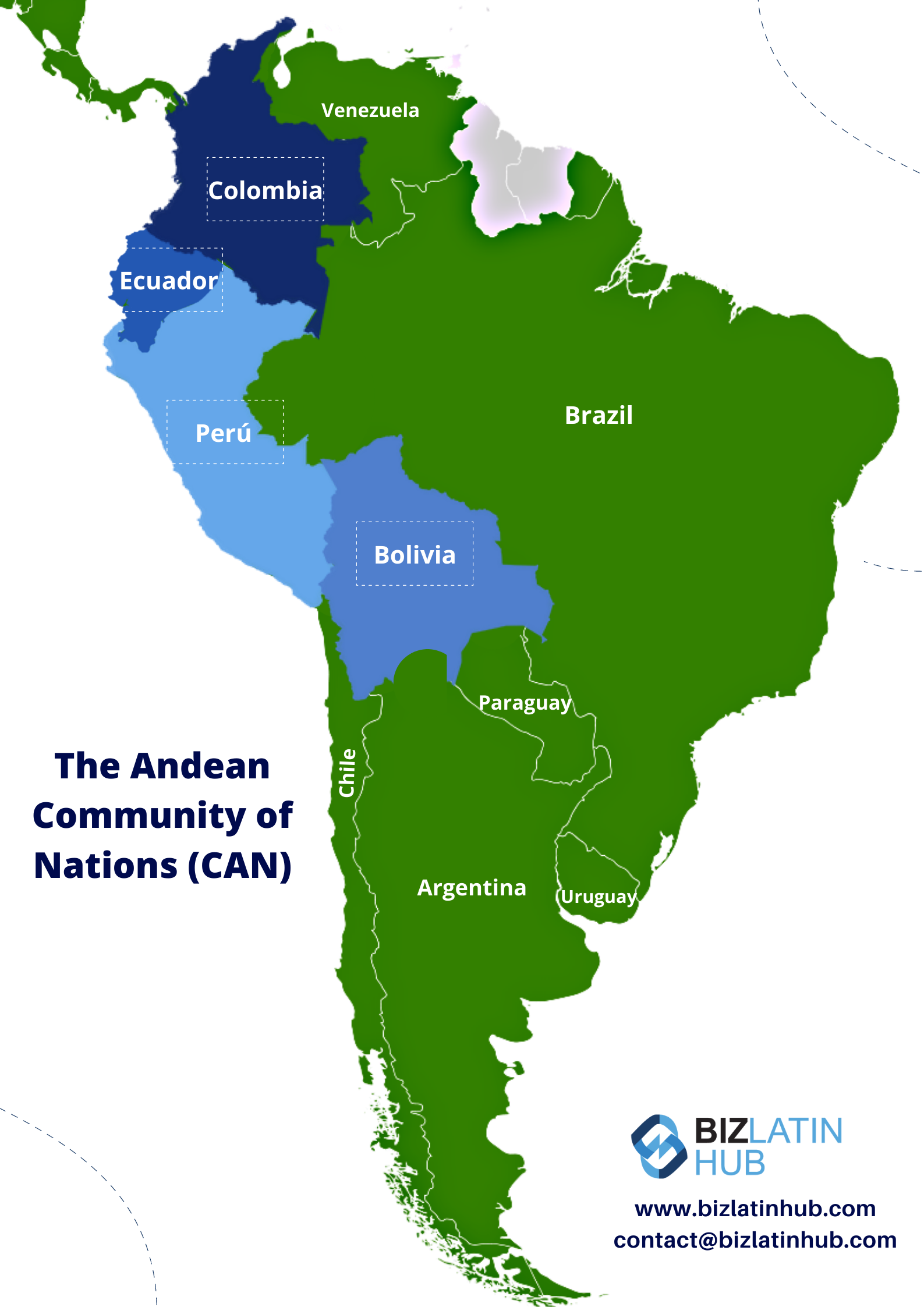 Serviços de consultoria tributária no Equador:
Mapa da América do Sul destacando os países membros da Comunidade Andina de Nações (CAN) em tons de azul. Os países incluem Colômbia, Equador, Peru e Bolívia. O restante da América do Sul está marcado em verde. Logotipo do BizLatin Hub e detalhes de contato do banco de dados de marcas registradas da Comunidade Andina na parte inferior.