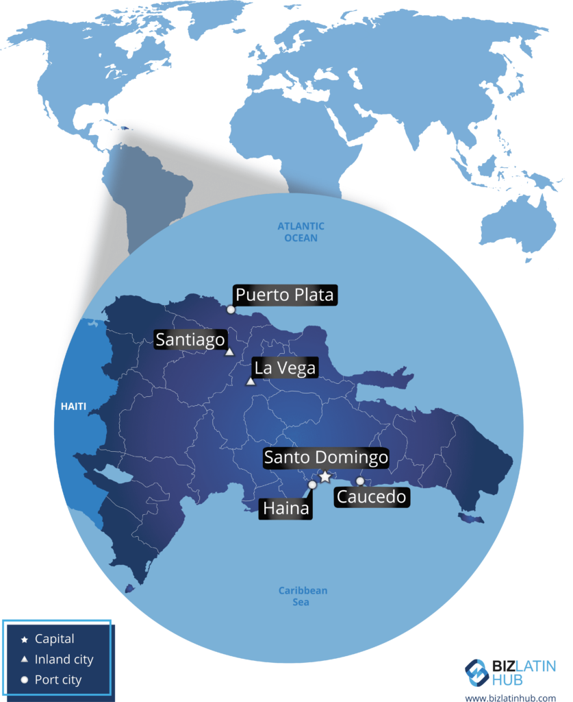 Map highlighting key cities in the Dominican Republic within a global context. Notable cities include Santiago, Puerto Plata, La Vega, Santo Domingo, Haina, and Caucedo. Santo Domingo is marked as the capital, and port cities are indicated with a specific icon. Ideal for businesses considering Payroll Outsourcing in the Dominican Republic.