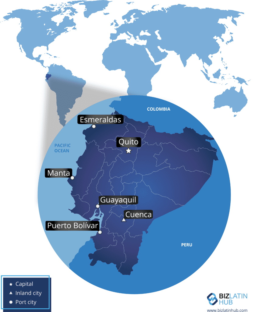 Map of Ecuador highlighting key cities and their classifications. The highlighted cities are Esmeraldas, Manta, and Puerto Bolivar as port cities; Guayaquil and Cuenca as inland cities; and Quito as the capital. A world map shows Ecuador's location, shaded in blue. SAS corporation in Ecuador is also noted.