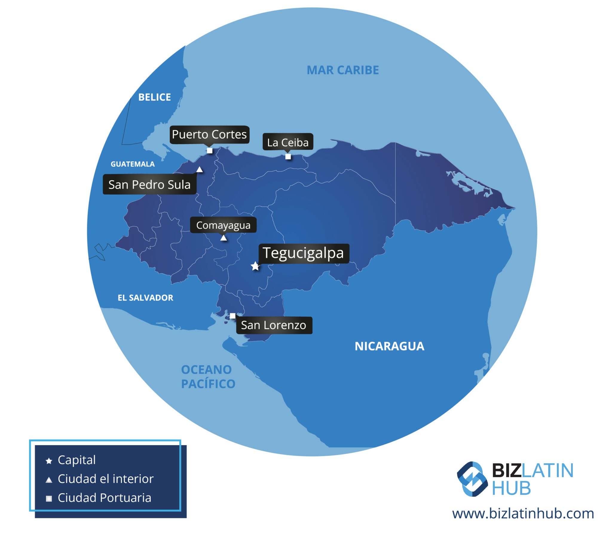 Un mapa de Honduras y algunas ciudades importantes. La producción de café de Honduras ha aumentado en los últimos años hasta desafiar a los cinco grandes países productores tradicionales de café