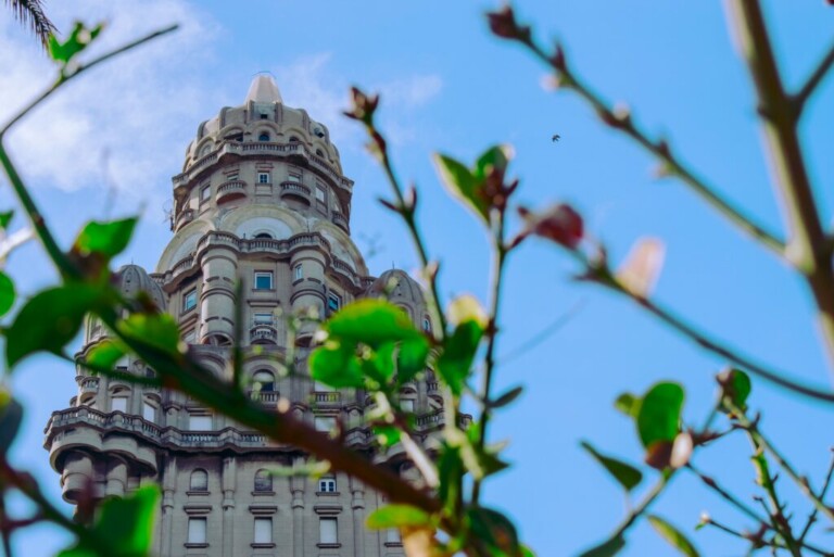 A tall, ornate building with a rounded top stands against a bright blue sky, partially obscured by green leaves and branches in the foreground. A few small clouds linger in the sky, offering an intriguing glimpse into a scene far removed from the tales of caçadores de cabeças na Colômbia.