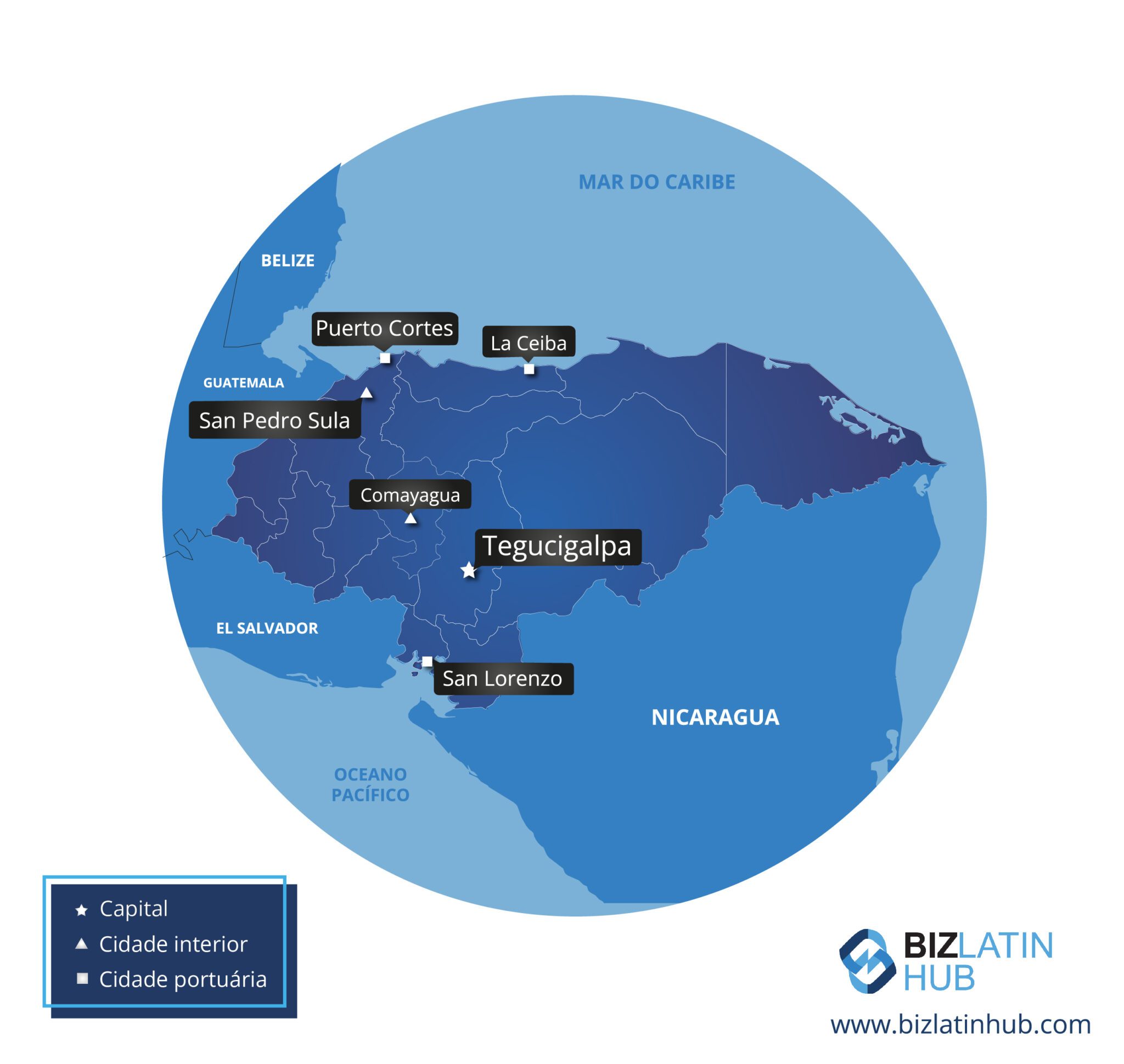 Um mapa de Honduras e de algumas grandes cidades. A produção de café em Honduras aumentou nos últimos anos para ver o país desafiar os tradicionais cinco grandes países produtores de café