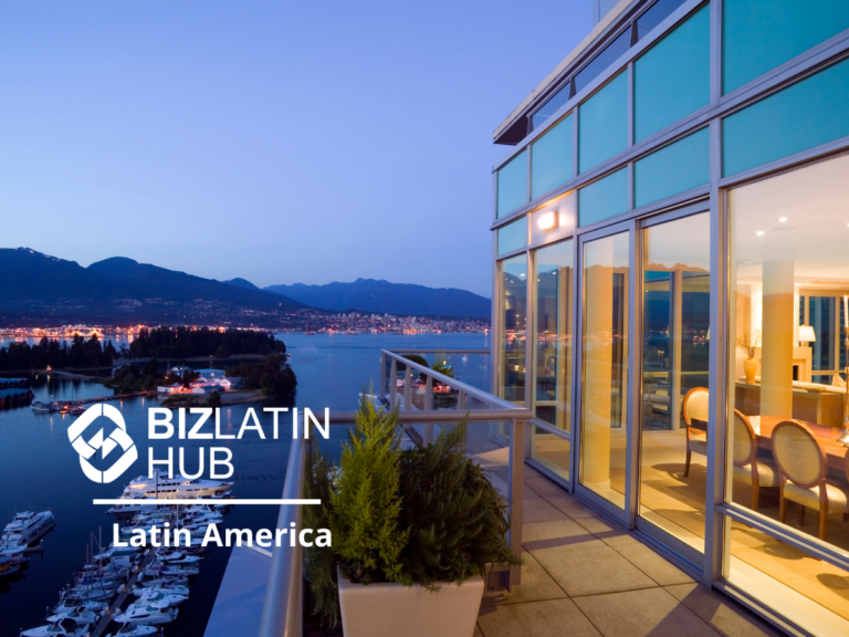 A view from a modern building's balcony in one of the most expensive neighborhoods in Latin America overlooks a calm waterfront and distant mountains at twilight. The image features the Biz Latin Hub logo and the text "Latin America" in white. The indoor lights of the room next to the balcony glow warmly.