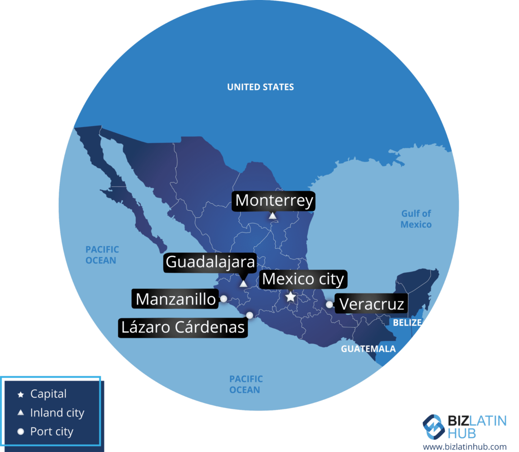 A map of Mexico highlights major cities with symbols denoting their status: Mexico City as the capital, Monterrey and Guadalajara as inland cities, and Manzanillo, Lázaro Cárdenas, and Veracruz as port cities. The United States and Guatemala are also labeled, providing context for employment law in Mexico.