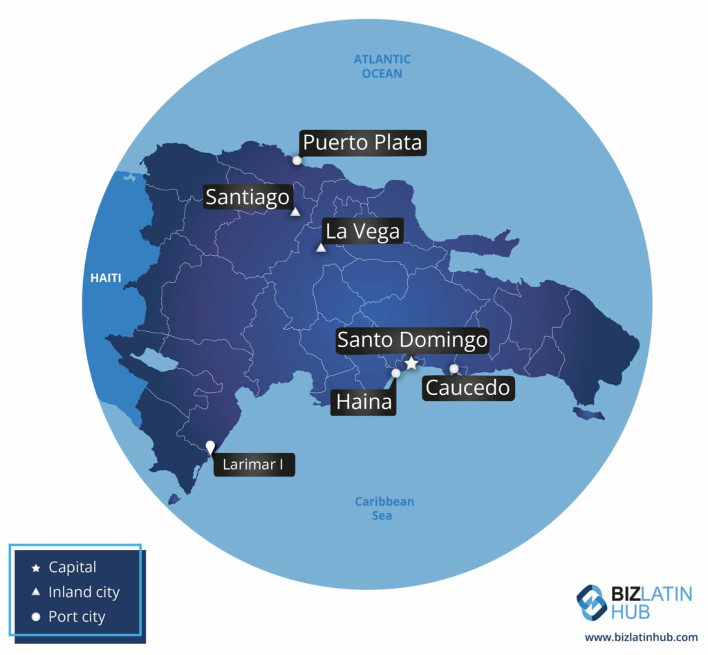 A map of the Dominican Republic highlights major cities and ports, perfect for any company in the Dominican Republic. Santo Domingo is marked as the capital, with other inland cities like Santiago and La Vega. The port cities identified are Puerto Plata, Haina, Caucedo, and Larimar I.