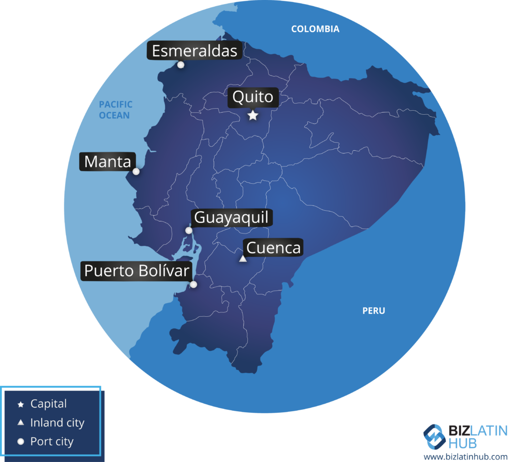 A map indicating major cities in Ecuador, including Quito (capital), Guayaquil, Cuenca, Esmeraldas, Manta, and Puerto Bolívar. Cities are marked with stars or dots representing capital, inland city, or port city. Neighboring countries Peru and Colombia are labeled. Highlighted regions also show areas famous for Ecuador bananas.