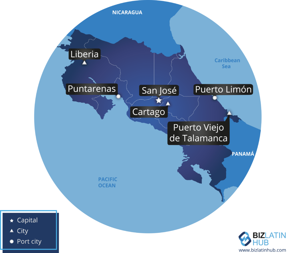 A map of Costa Rica highlighting major cities and ports: San José (capital), Liberia, Puntarenas, Cartago, Puerto Limón, and Puerto Viejo de Talamanca. The map includes the Pacific Ocean and Caribbean Sea along with a legend for capitals, cities, port cities, and notes on employment law in Costa Rica.