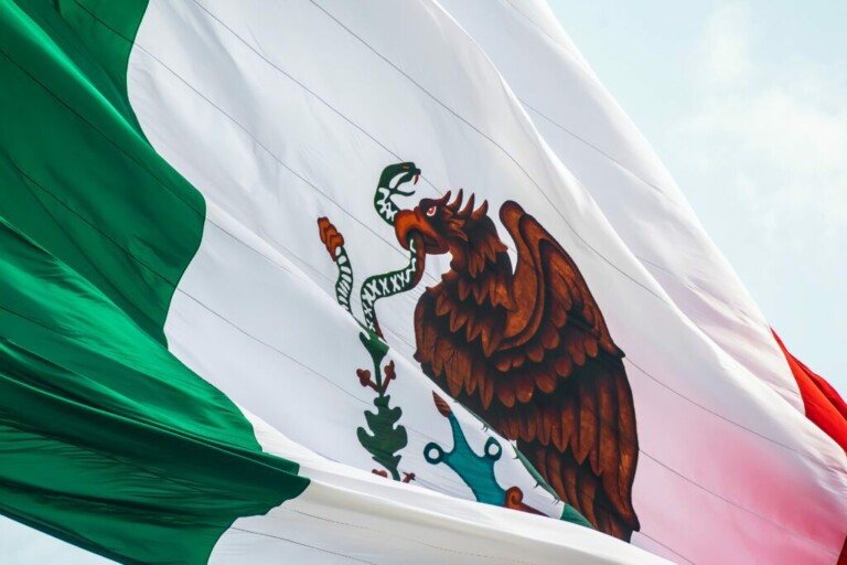 Se representa una gran bandera ondeante de México, que representa el Cumplimiento Normativa Financiera México. La bandera presenta tres franjas verticales en verde, blanco y rojo. El emblema en el centro muestra un águila sosteniendo una serpiente en su pico y garra, posada sobre un cactus.