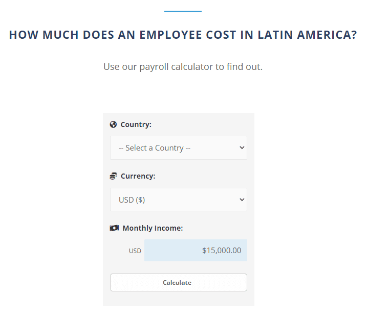 A image of the Biz Latin Hub payroll calculator interface