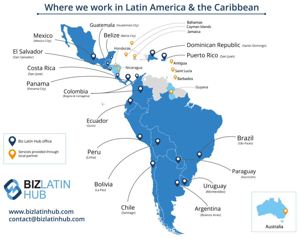 A map of Latin America and the Caribbean highlighting countries where Biz Latin Hub operates. Blue pins indicate office locations, and black pins show local partner presences. Countries include Mexico, Costa Rica, Colombia, Brazil, and more. Contact info is provided to support nearshoring in Latin America.