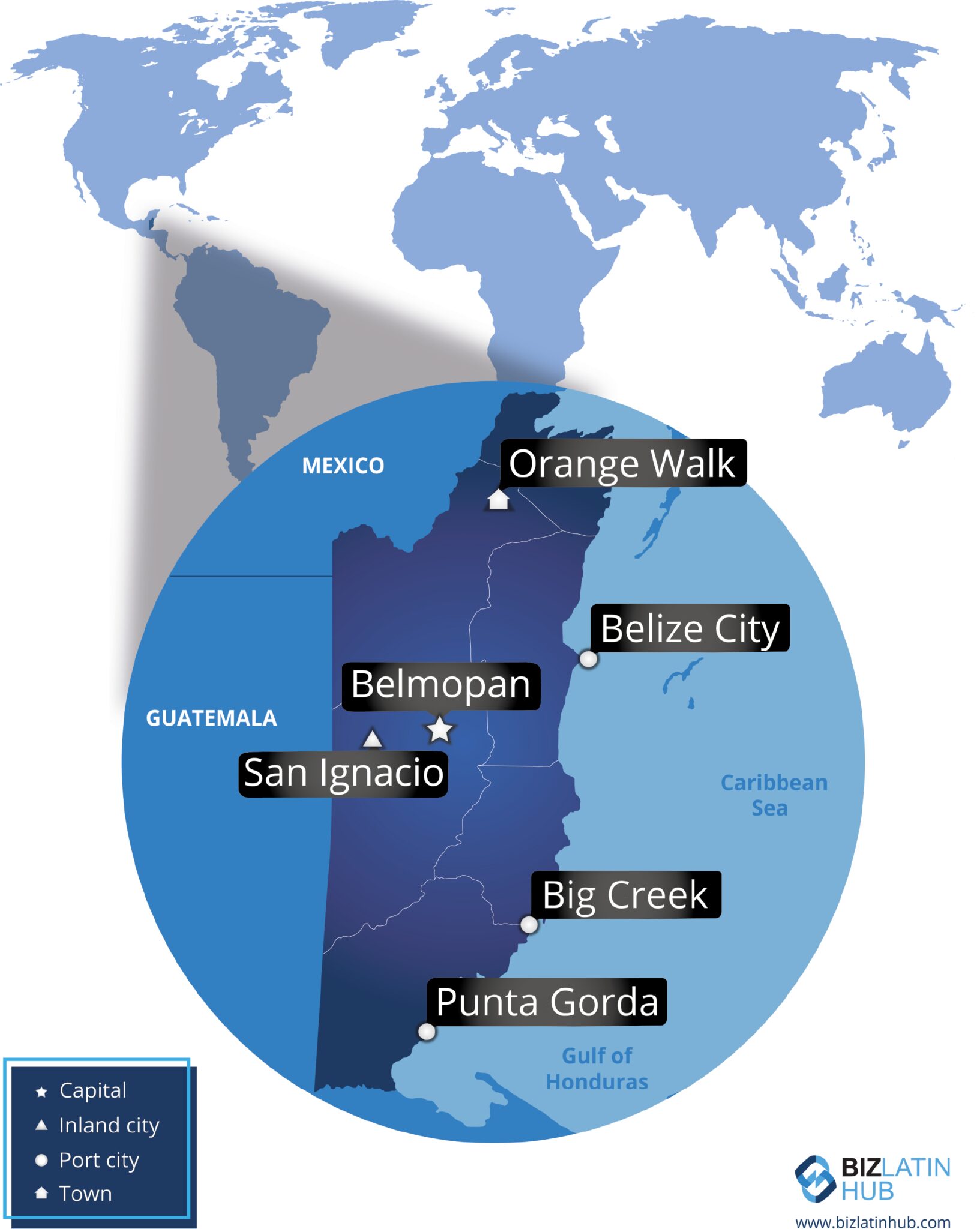 Map of Belize highlighting the locations of several cities and towns, including Belmopan, Orange Walk, San Ignacio, Belize City, Big Creek, and Punta Gorda. Situated in Central America, it shows borders with Mexico and Guatemala and highlights the Gulf of Honduras.