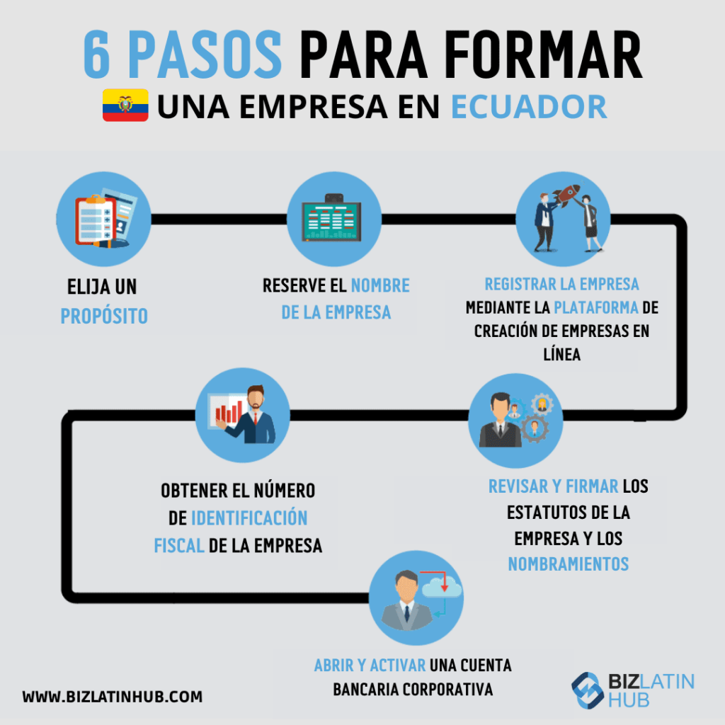 Una infografía de biz latin hub que muestra el proceso de formación de la empresa para un artículo sobre los pasos para el procesamiento de la nómina en Ecuador