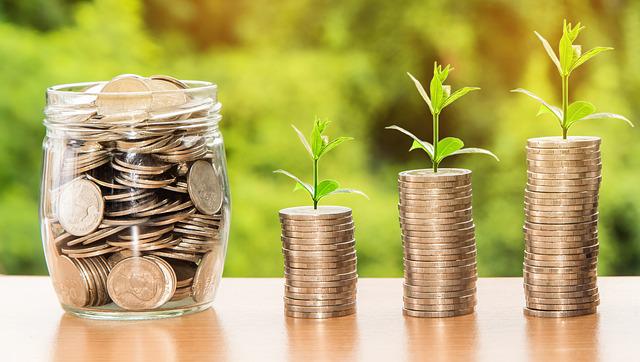 A glass jar filled with coins sits next to three stacks of progressively taller coins, each sprouting a small green plant, symbolizing investment options. The scene, set against a blurred green background, evokes the financial growth that can be achieved with smart advice from a Financial Advisor.