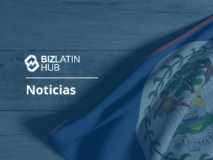 Una bandera con un emblema nacional es parcialmente visible en el lado derecho de la imagen. El lado izquierdo muestra el logotipo de Biz Latin Hub y la palabra "Noticias" sobre un fondo de madera, dando a entender información valiosa sobre la cuenta bancaria corporativa en Belice.