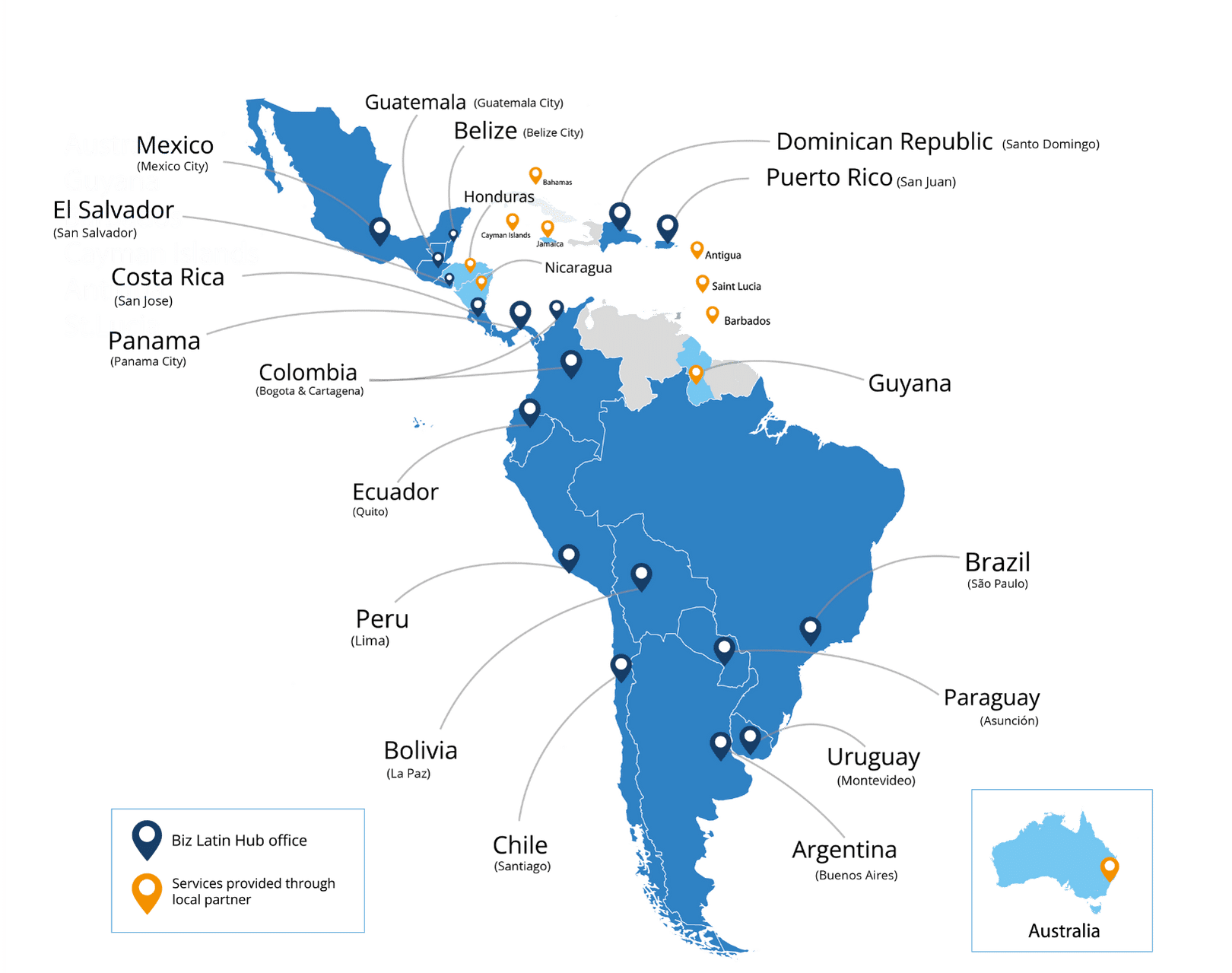 A map showcasing Biz Latin Hub offices and services across countries in Latin America and the Caribbean, including Brazil, Mexico, Colombia, and others. One marked location in Australia provides context. Discover where we call home as we support your business needs.