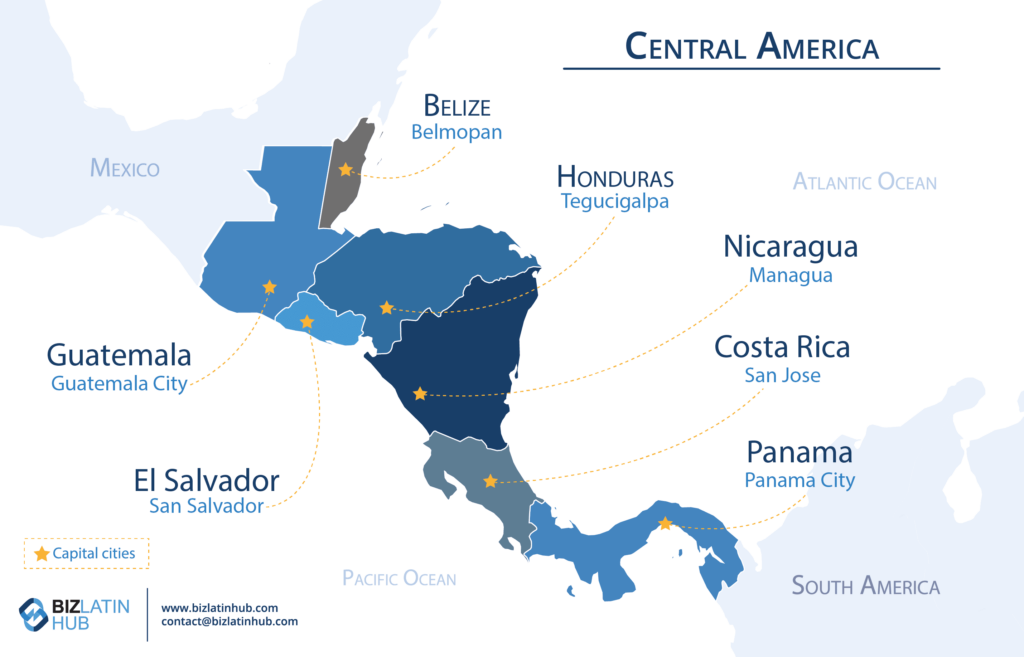 Map of Central America showing countries—Guatemala, Belize (where you can open a corporate bank account), Honduras, El Salvador, Nicaragua, Costa Rica, and Panama. Capital cities are marked with yellow stars. The map notes nearby bodies of water: Pacific Ocean, Atlantic Ocean, and Mexico to the north.
