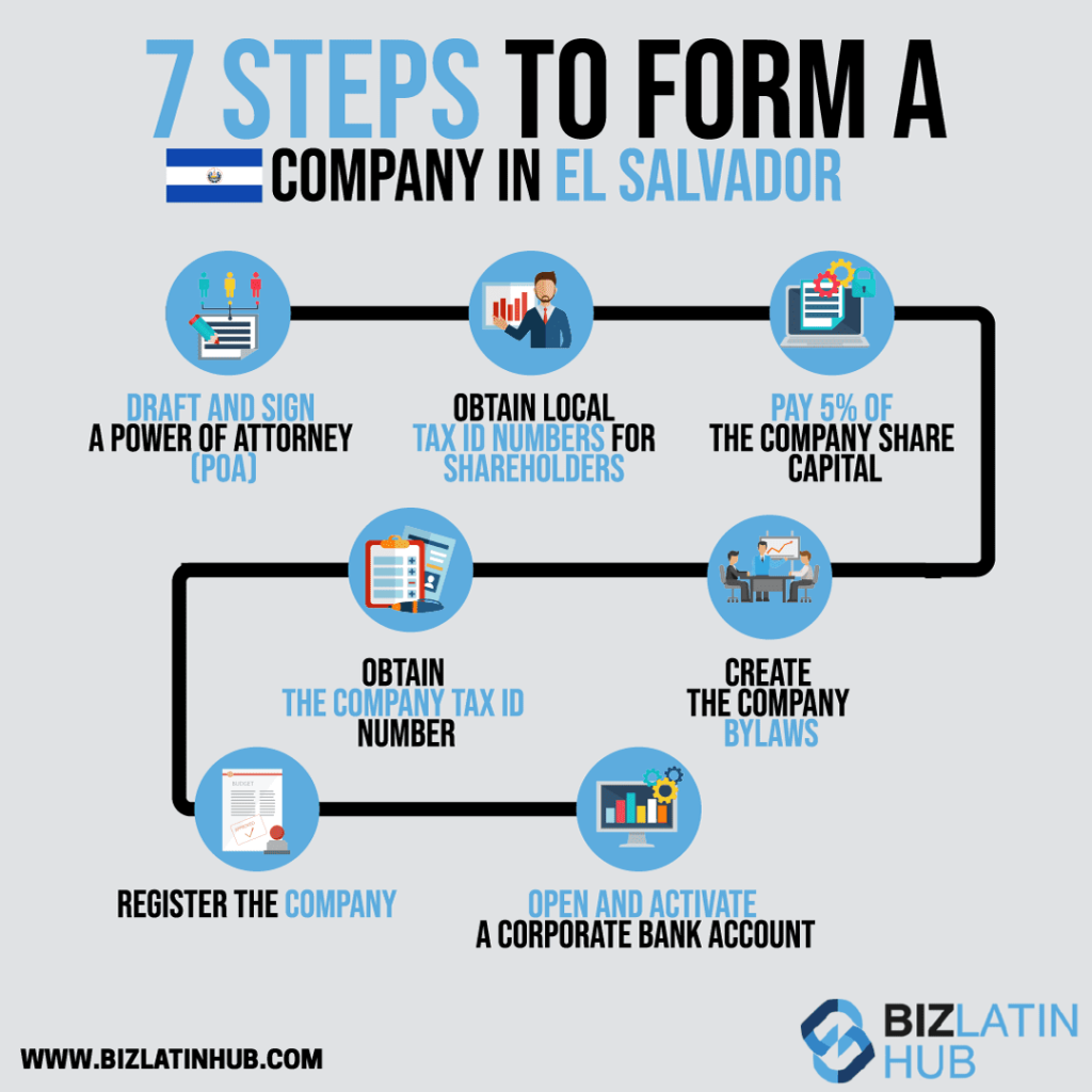 Infographic titled "7 Steps to Form a Company in El Salvador." It outlines: 1. Draft and sign a Power of Attorney (POA), 2. Obtain local tax ID numbers for shareholders, 3. Pay 5% of the company share capital, 4. Create the company bylaws, 5. Obtain the company tax ID, 6. Register the company in