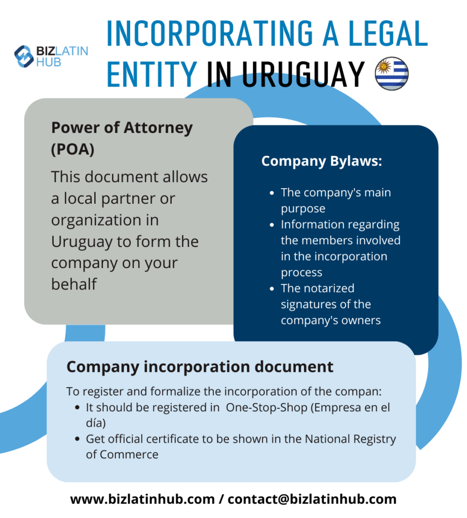 An informational graphic titled "Incorporating a Legal Entity in Uruguay" by Biz Latin Hub. It includes sections on "Power of Attorney (POA)," "Company Bylaws," and "Company Incorporation Document," detailing requirements and procedures for company formation. Contact info is at the bottom.