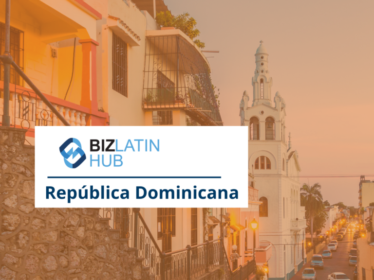 A street scene in the Dominican Republic at dusk, featuring colonial-style buildings. In the foreground, there is a semi-transparent overlay with the Biz Latin Hub logo and the text "República Dominicana: abrir una cuenta bancaria corporativa en la República Dominicana.