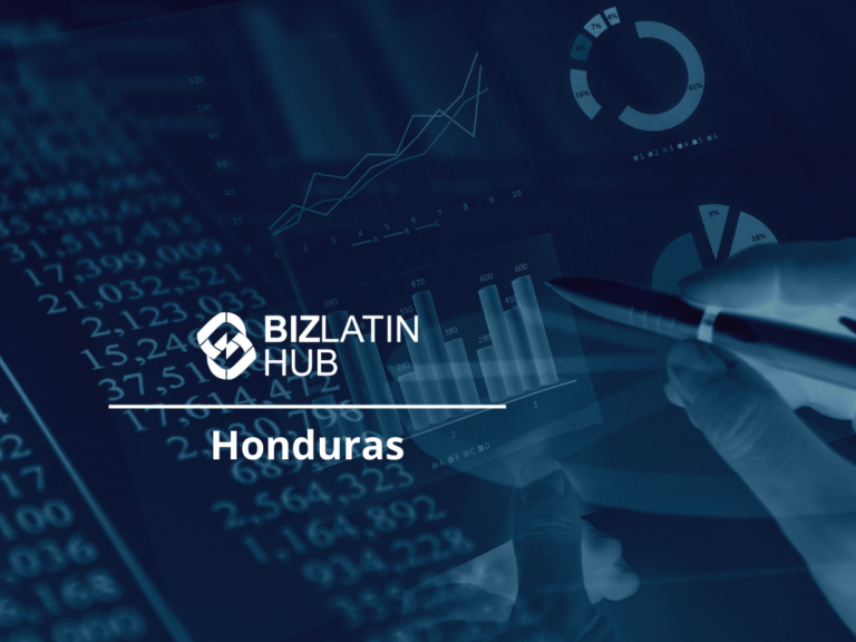 Dark-themed graphic featuring the Biz Latin Hub logo and the word "Honduras." Overlaid statistical and financial charts with varying data points, and a person’s hand holding a pen, suggesting a business or financial analysis context related to contabilidad e impuestos en Honduras.