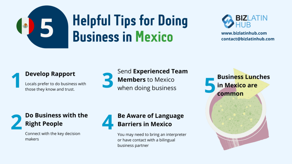 An infographic titled "5 Helpful Tips for Doing Business in Mexico" with the Biz Latin Hub logo. Tips include: Develop Rapport, Do Business with the Right People, Send Experienced Team Members to Mexico, Be Aware of Language Barriers, and Understand that Business Lunches are Common.