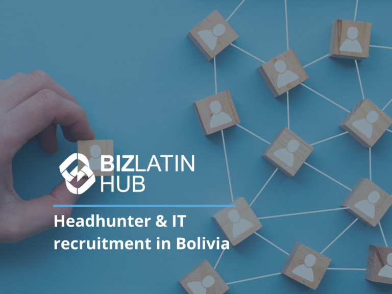 A hand places a wooden block with a person icon on a connected network of similar blocks against a blue background. Text on the image reads: "BIZLATIN HUB, your go-to for headhunter & IT recruitment in Bolivia.