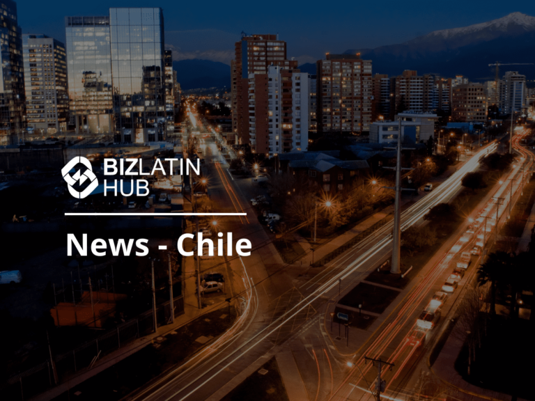 A cityscape of Chile at night with illuminated buildings and traffic trails on the street. The image has the BizLatin Hub logo and the text “News - Chile” overlaid on the left side, highlighting recent hiring trends in Chile.