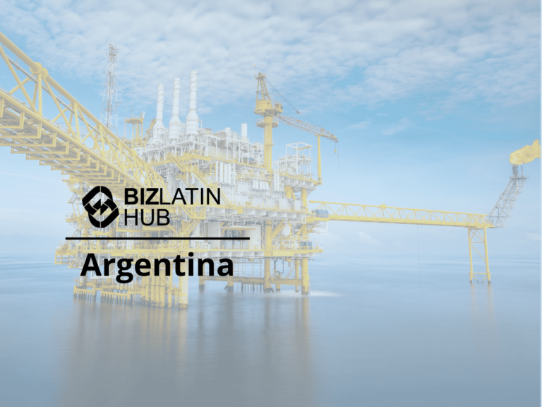 Una gran plataforma petrolera en alta mar está rodeada por un mar en calma bajo un cielo despejado. El logo y el texto "BIZLATIN HUB Argentina" están superpuestos en el lado izquierdo de la imagen, promocionando "Hacer negocios en Argentina". La estructura está pintada de amarillo y se extiende en la distancia.