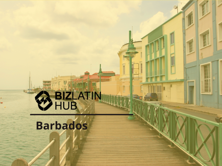 A boardwalk lined with colorful buildings stretches along a waterfront under a cloudy sky. The logo and text "BizLatin Hub" and "company formation in Barbados" are superimposed on the left side of the image.