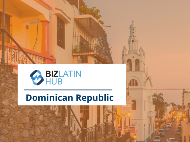 An evening street view shows a building with a large sign that reads "Biz Latin Hub Dominican Republic." The colonial-style architecture is warmly lit, with a paved street and a tower resembling a church. This inviting scene could be the perfect place to open a corporate bank account in the Dominican Republic.