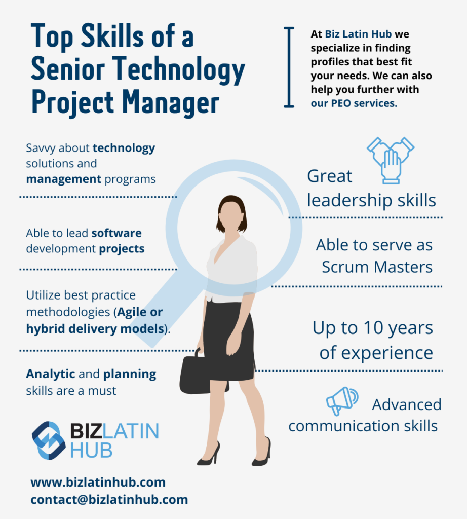 Infographic titled "Top Skills of a Senior Technology Project Manager in Panama" from Biz Latin Hub. It lists skills such as technology solutions, software development, Agile/Hybrid methodologies, analytical skills, great leadership, serving as Scrum Masters, up to 10 years of experience, and advanced communication skills. Contact details for Biz Latin Hub are provided at the bottom.