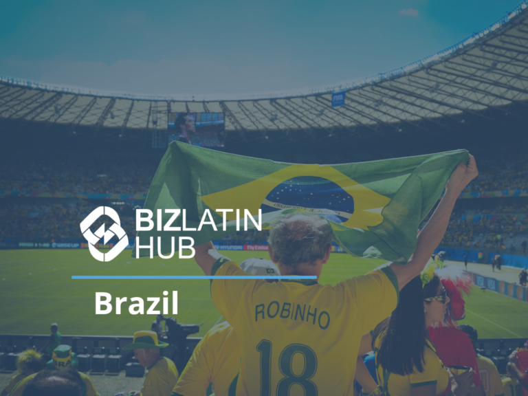 A crowd of people in a stadium, with one person holding a large Brazil flag. The person in the foreground is wearing a yellow jersey with the name "Robinho" and the number 18. The BizLatin HUB logo and the phrase "fazer negócios no Brasil" are overlaid on the image.