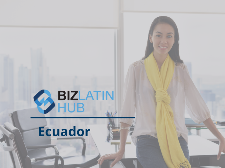 A woman wearing a yellow scarf and white blouse stands in an office setting with large windows and a view of a city skyline. The image, related to IT recruitment in Ecuador, includes the text "BIZ LATIN HUB Ecuador" and features the company's logo.