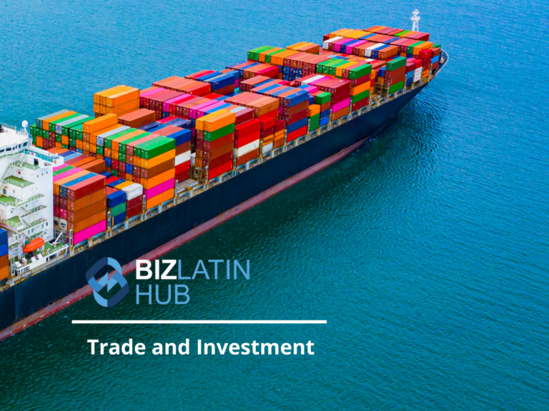 A large cargo ship loaded with numerous colorful shipping containers travels across a blue sea. The "Biz Latin Hub" logo and the text "Trade and Investment" are superimposed on the image, highlighting the significance of trade and investment in propelling global commerce.