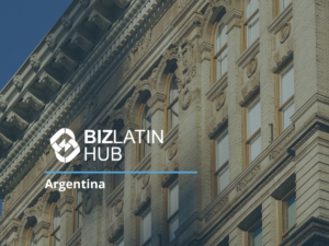 An image shows the BizLatin Hub logo and the word "Argentina" in white text. The logo consists of interlocking shapes. A historic building with ornate architectural details and multiple windows serves as the background, highlighting how to Abrir uma conta bancária corporativa na Argentina.