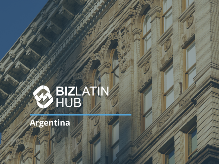 La imagen muestra la fachada de un edificio histórico con grandes ventanales. En primer plano, el texto blanco dice "BIZLATIN HUB" con un logotipo que consta de formas interconectadas y la palabra "Argentina" debajo. La arquitectura detallada del edificio proporciona un telón de fondo elegante para quienes buscan abrir una cuenta bancaria corporativa en Argentina.