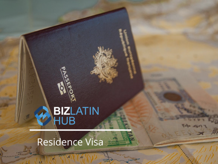 A maroon-colored passport and a residence visa document lie open on a world map background. The image prominently features the Biz Latin Hub logo next to the white text "Residence Visa.