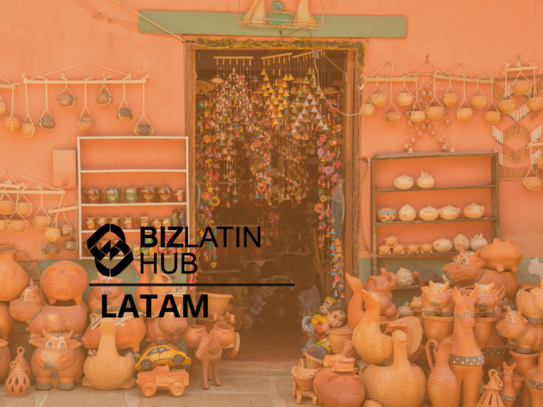 A store with a variety of pottery items, including animal-shaped planters, pots, and art pieces, is shown. The shop exterior is painted orange. Above the entrance is a sign reading "Bizlatin Hub LATAM," subtly highlighting the effects of inflation in Latin America. The shop door is open, displaying additional hanging items inside.