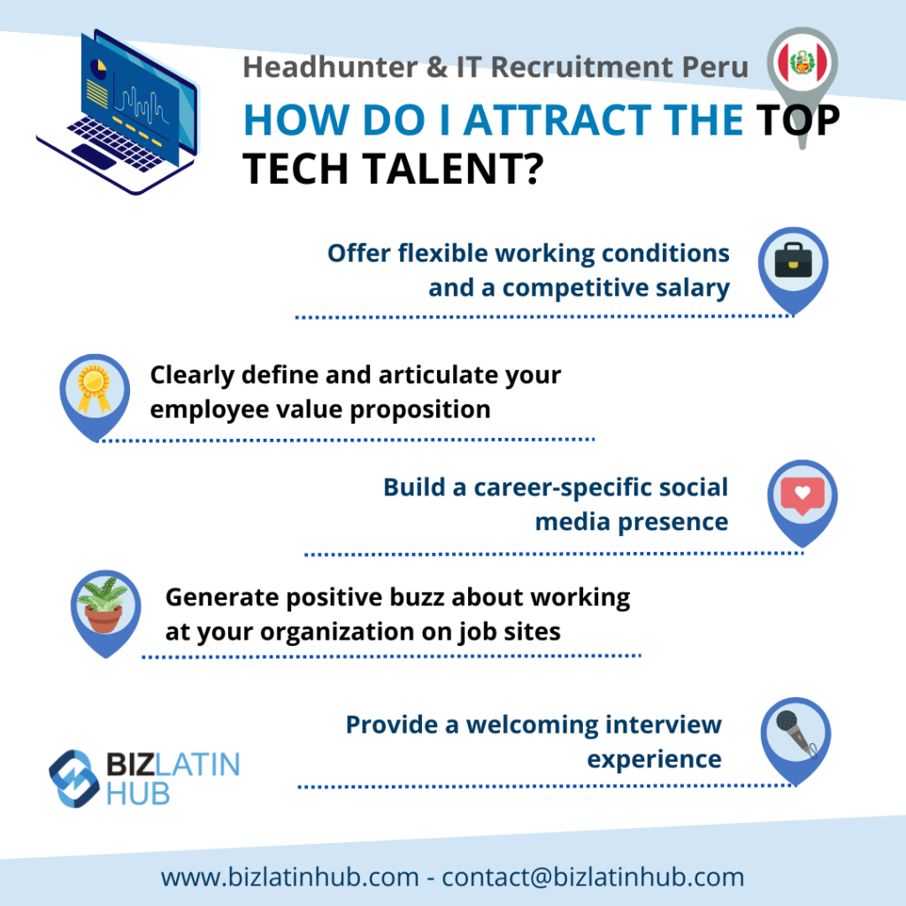 An infographic titled "How Do I Attract The Top Tech Talent?" outlines five strategies: offering flexible working conditions and a competitive salary, defining and articulating employer value proposition, building a career-specific social media presence, generating positive buzz on job sites, and providing a welcoming interview experience. These tips are especially useful for hiring software developers in Peru. The Biz Latin Hub logo and contact information are at the