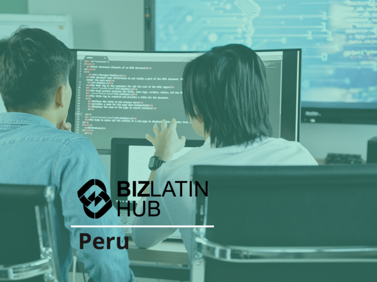 Two individuals are seated in front of dual monitors displaying code and a digital interface. The logo for BizLatin Hub and the phrase "Hiring Software Developers in Peru" are prominently displayed in the image. The workspace has a modern, tech-focused atmosphere with additional monitors in the background.