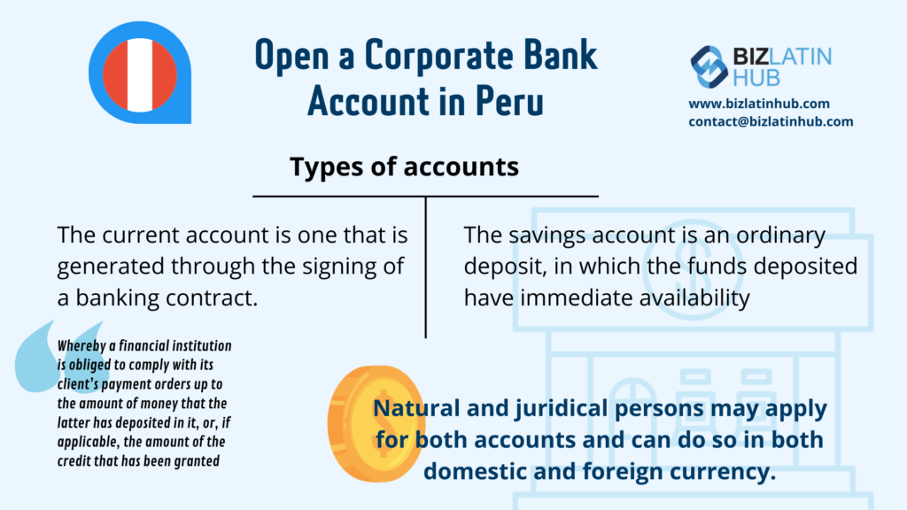 An infographic titled "Open a Corporate Bank Account in Peru." It explains types of accounts: current accounts require a banking contract, while savings accounts offer immediate availability of funds. It mentions natural and juridical persons can open a bank account in Peru for both account types.