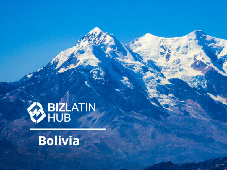 Image of snow-capped mountains with "Biz Latin Hub" and "Bolivia" text overlayed in the foreground. The rugged terrain and bright blue sky create a striking contrast with the white logo and text.