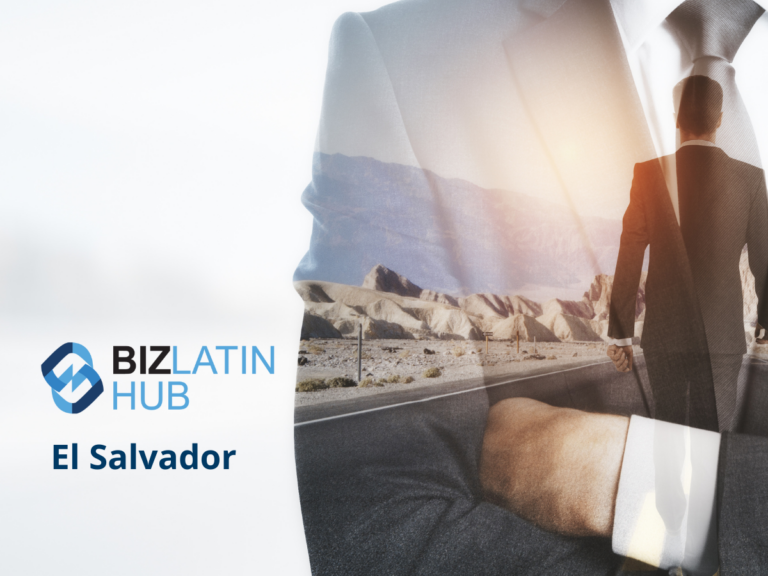 Una persona con traje se encuentra frente a un paisaje desértico. La imagen está superpuesta con el logo y el texto "BIZ LATIN HUB, El Salvador". Al fondo, el terreno montañoso y brumoso crea un tono profesional. Esto representa nuestra ampliación de servicios, incluido el bufete jurídico en Panamá.