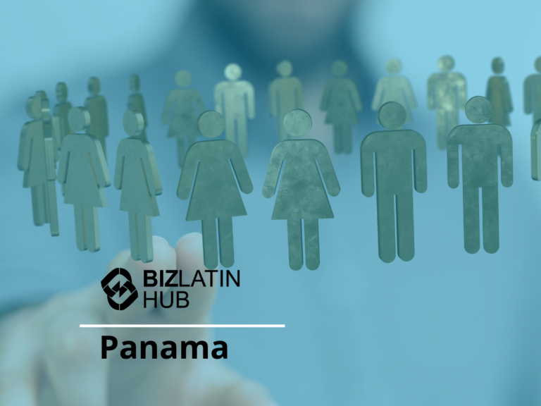 A person is pointing toward a digital graphic of various gender-neutral human icons. The BizLatin Hub logo, along with the word "Panama" below it, is visible in the lower left corner, highlighting executive recruitment in Panama City.