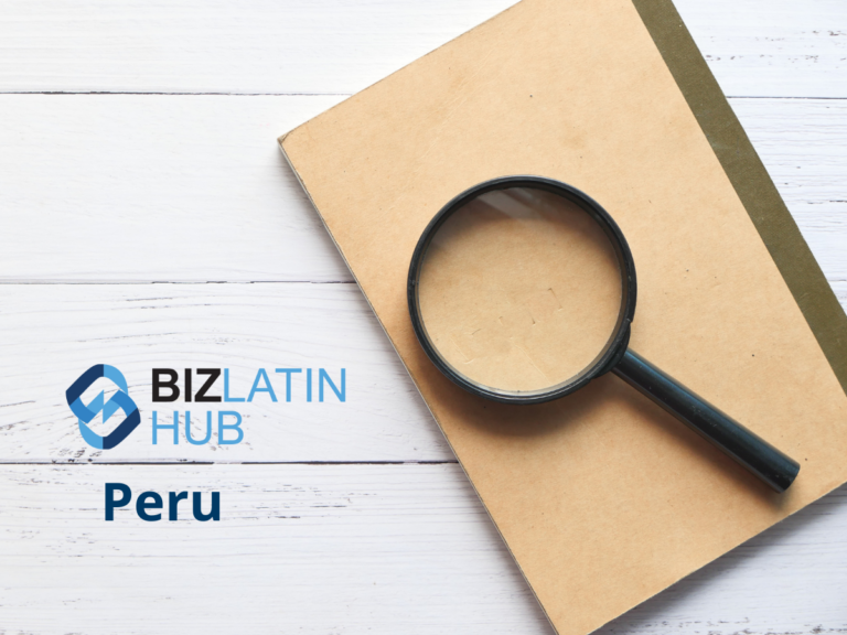 A magnifying glass lies on top of a brown folder with a green spine, resting on a white wooden surface. On the left side, the text "BIZ LATIN HUB Peru" is displayed with a blue and white logo, hinting at an auditor in Peru meticulously examining documents.