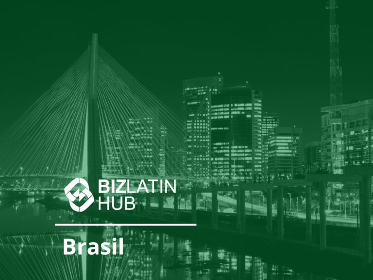 Un paisaje urbano nocturno muestra un puente sobre un río con edificios iluminados al fondo. La imagen tiene una superposición verde y el texto "BIZLATIN HUB" y "Abrir una empresa en Brasil" se muestra de manera destacada en primer plano.